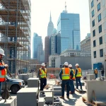 Showcasing skilled New York Commercial General Contractor team at work on a bustling construction site.