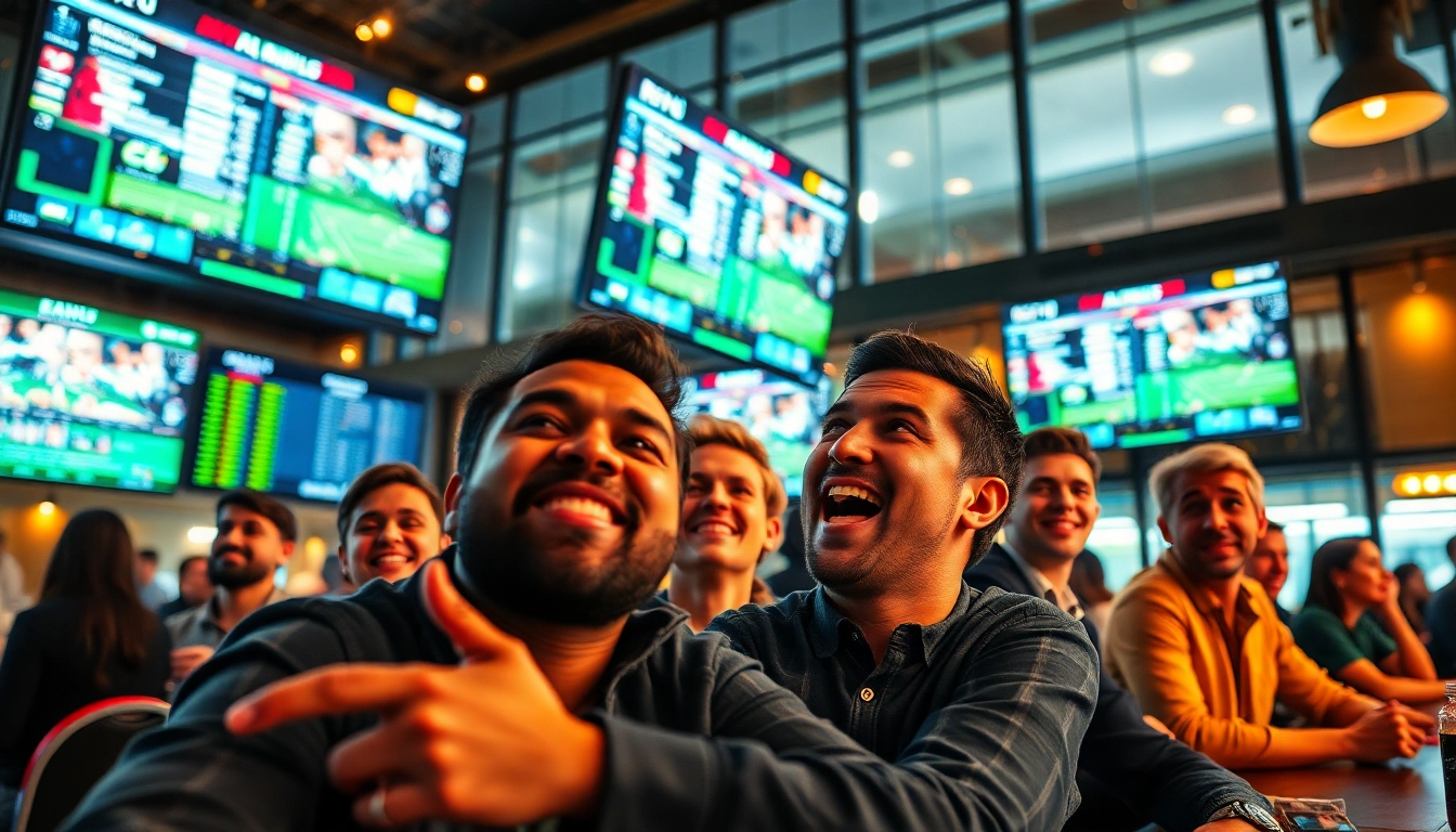 Engaged bettors at online sportsbooks South Carolina enjoying a vibrant and exciting sportsbook atmosphere.