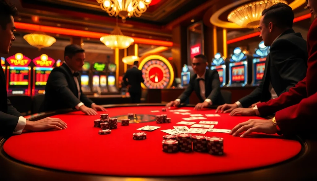 Players strategizing at a poker table in a casino inspired by https://jun88buzz.info/ with rich colors and a luxurious feel.