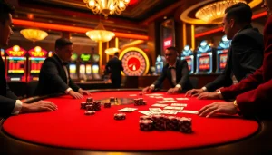 Players strategizing at a poker table in a casino inspired by https://jun88buzz.info/ with rich colors and a luxurious feel.
