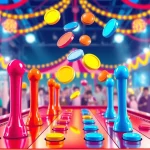Main Plinko demo board dengan disc berwarna jatuh, dikelilingi suasana meriah, penuh energi.