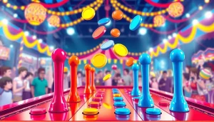 Main Plinko demo board dengan disc berwarna jatuh, dikelilingi suasana meriah, penuh energi.