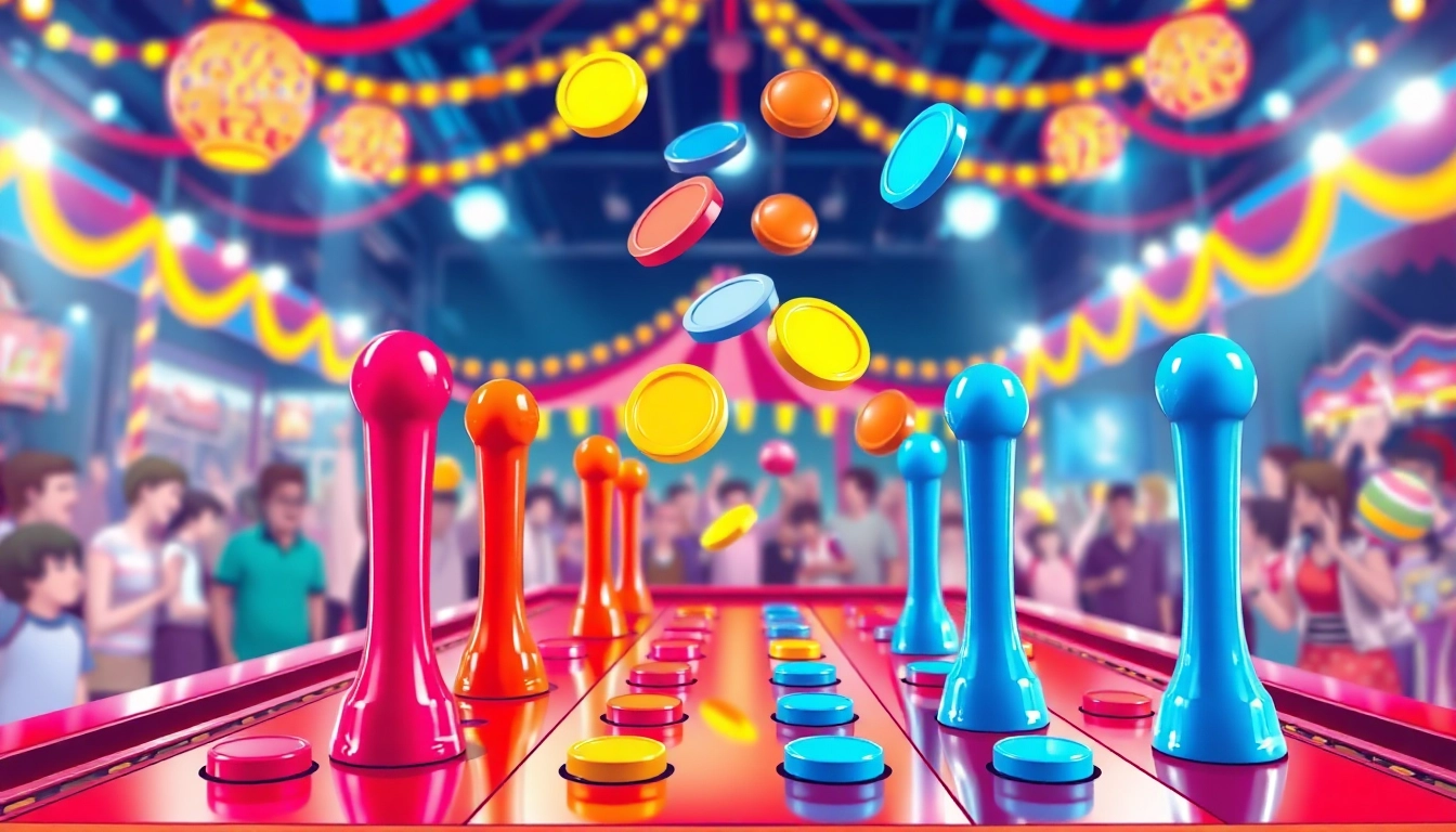 Main Plinko demo board dengan disc berwarna jatuh, dikelilingi suasana meriah, penuh energi.