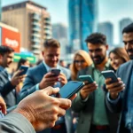 Engaging scene showcasing online sportsbooks California with diverse users betting on mobile devices.