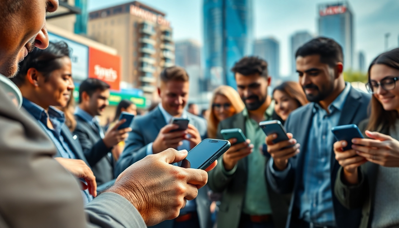 Engaging scene showcasing online sportsbooks California with diverse users betting on mobile devices.