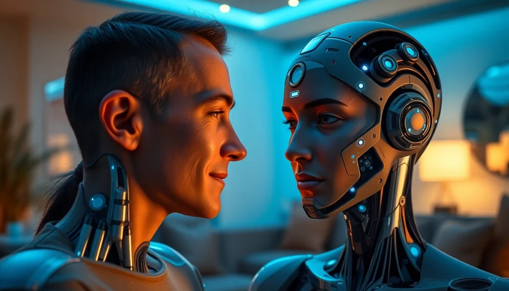 Engaging interaction with an ai sex bot in a modern, cozy setting, showcasing advanced technology