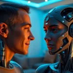 Engaging interaction with an ai sex bot in a modern, cozy setting, showcasing advanced technology