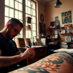 At entrelagostattooartgallery.com, a tattoo artist creates a vibrant design in a bright studio setting.