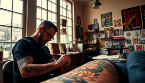 At entrelagostattooartgallery.com, a tattoo artist creates a vibrant design in a bright studio setting.