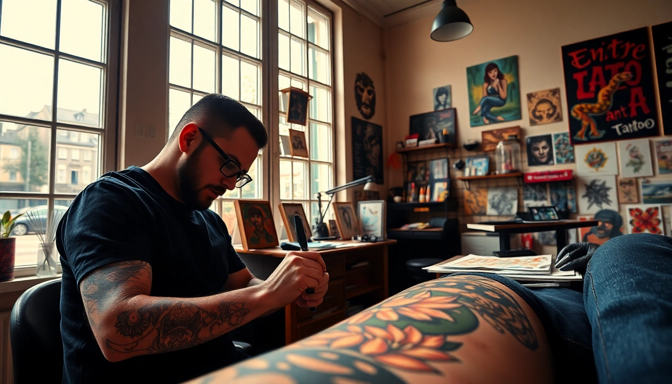 At entrelagostattooartgallery.com, a tattoo artist creates a vibrant design in a bright studio setting.