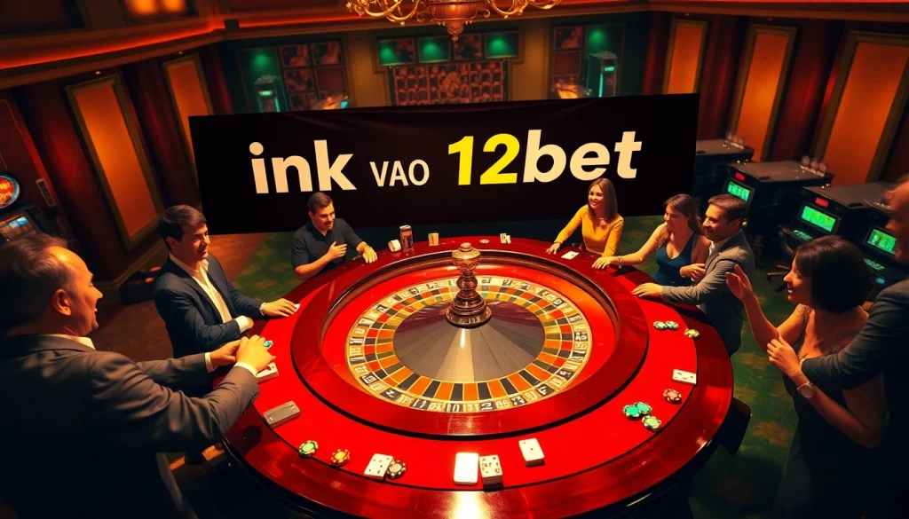 Engaging casino scene showcasing "ink vao 12bet" with players excited at a roulette table.