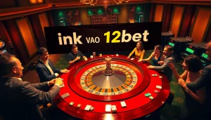 Engaging casino scene showcasing "ink vao 12bet" with players excited at a roulette table.