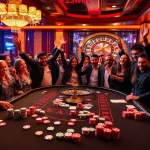 Players enjoying a thrilling game at 23win.hiphop's luxurious casino table, celebrating wins with poker chips and dice.