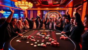 Players enjoying a thrilling game at 23win.hiphop's luxurious casino table, celebrating wins with poker chips and dice.