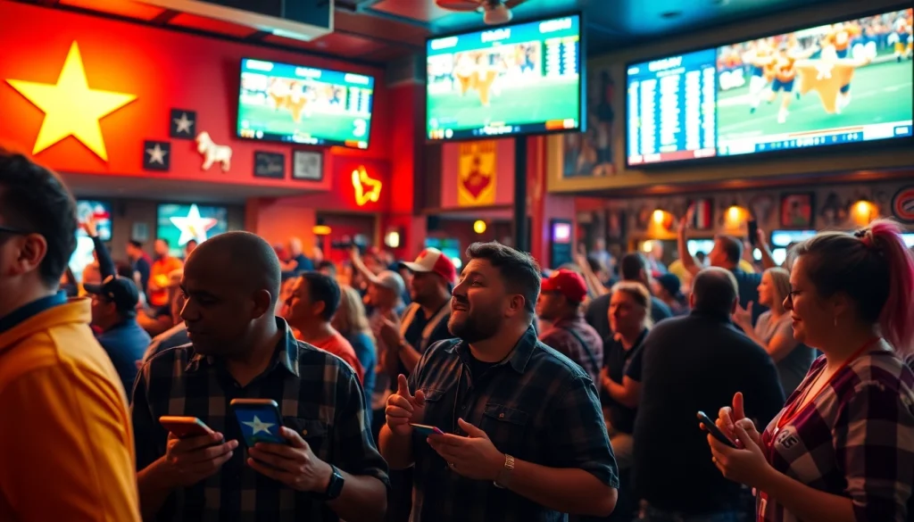 Engaged fans analyzing odds on online sportsbooks Texas in a lively bar setting.