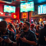 Engaged fans analyzing odds on online sportsbooks Texas in a lively bar setting.