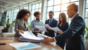 Engaging team discussing pre and post award compliance in a bright office setting.