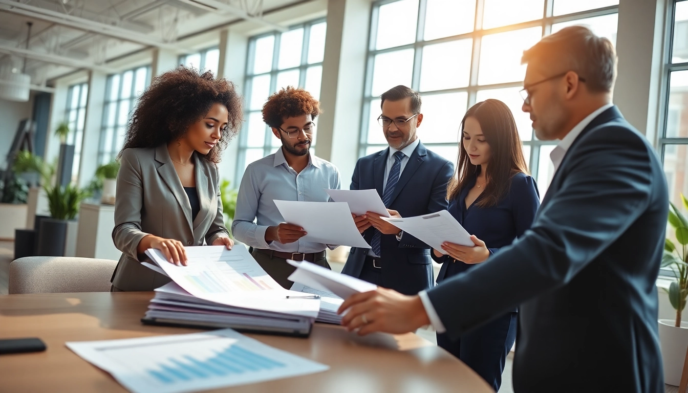 Engaging team discussing pre and post award compliance in a bright office setting.