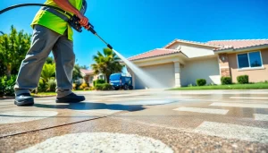 Concrete cleaning in Kissimmee by professional pressure washers, showcasing impressive transformation.