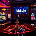 Engaging scene of a luxurious casino experience at bk8vn.io with roulette and slot machines.