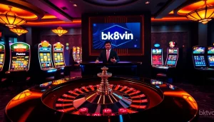 Engaging scene of a luxurious casino experience at bk8vn.io with roulette and slot machines.