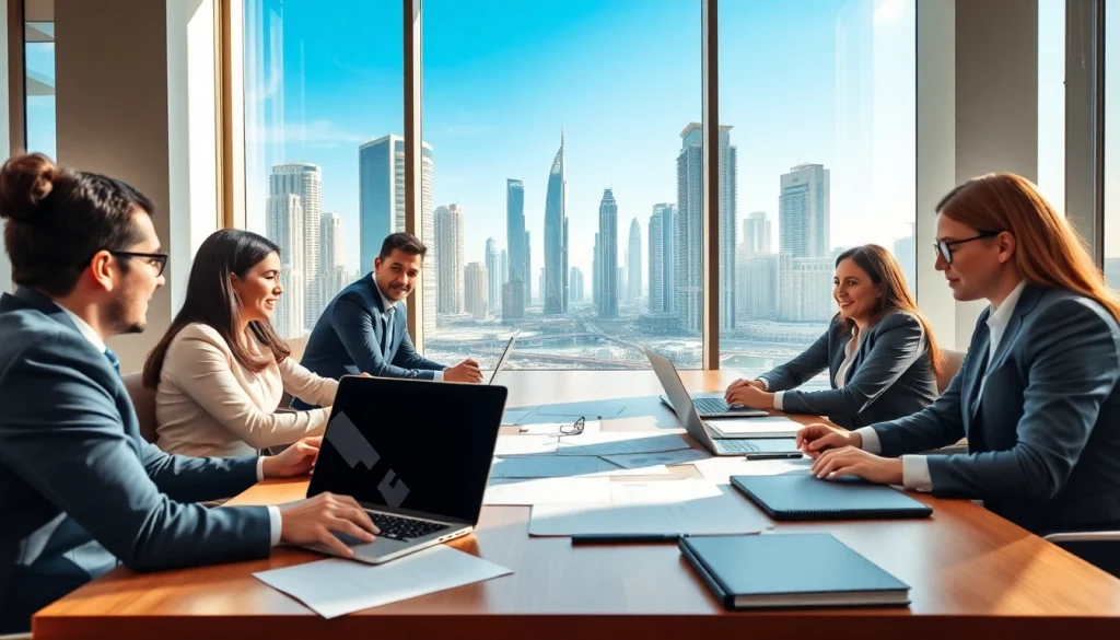Business Consultants in Dubai engaging in a collaborative discussion in a modern office setting.