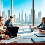 Business Consultants in Dubai engaging in a collaborative discussion in a modern office setting.
