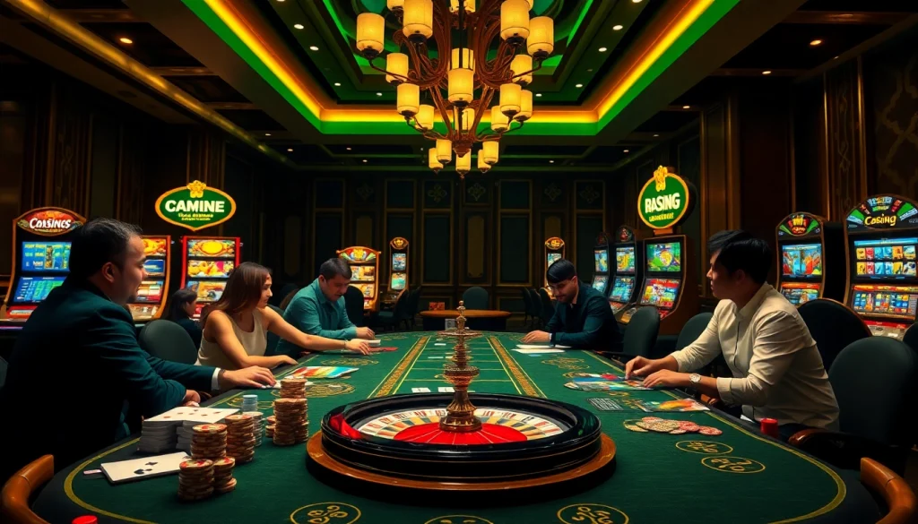 Experience thrilling gaming at nh88vn.net with vibrant casino tables, lively player interactions, and luxury elements.