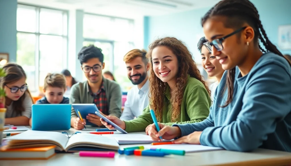 Advanced education examples visually represented by students collaborating in a modern classroom setting.