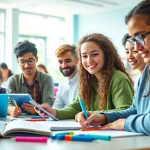 Advanced education examples visually represented by students collaborating in a modern classroom setting.
