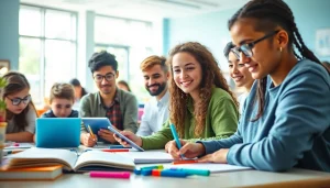 Advanced education examples visually represented by students collaborating in a modern classroom setting.