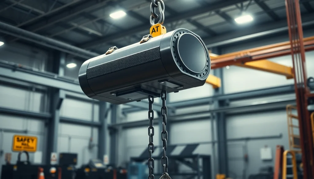 Electric chain hoist crane efficiently lifting heavy machinery in an industrial factory setting.