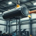 Electric chain hoist crane efficiently lifting heavy machinery in an industrial factory setting.