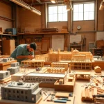 Industriemodellbau - Handwerker arbeiten an präzisen Modellen in einer hellen Werkstatt.