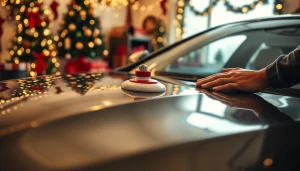 Christmas car detailing gift showcases a professional detailer polishing a car in a festive workshop.