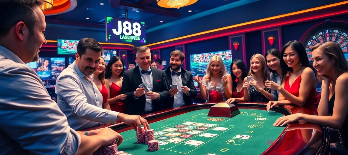 Players celebrating a win at the J88 casino table with vibrant chips and cards.