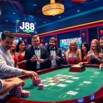 Players celebrating a win at the J88 casino table with vibrant chips and cards.