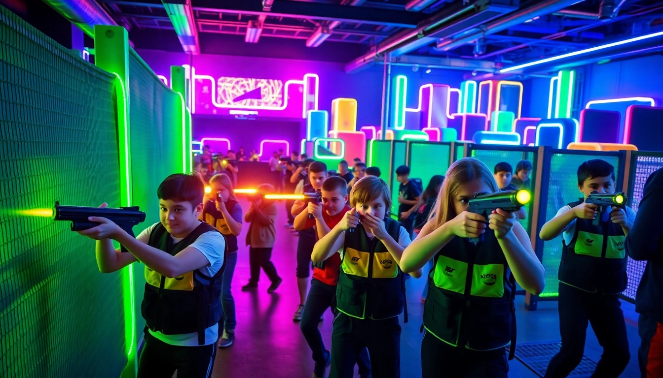 Players engaged in an exciting Laser tag battle in a colorful arena filled with obstacles.