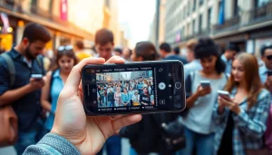 InstaPro APK download showcased on a smartphone in a vibrant urban setting