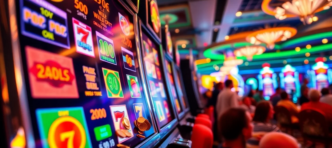 Menampilkan slot depo 1k dengan mesin slot berwarna cerah dan koin berjatuhan di kasino yang ramai.