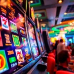 Menampilkan slot depo 1k dengan mesin slot berwarna cerah dan koin berjatuhan di kasino yang ramai.