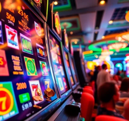 Menampilkan slot depo 1k dengan mesin slot berwarna cerah dan koin berjatuhan di kasino yang ramai.