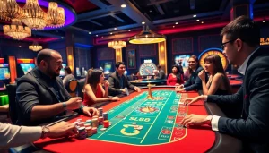 S88 casino table with vibrant chips and engaged players in a luxurious gaming environment.