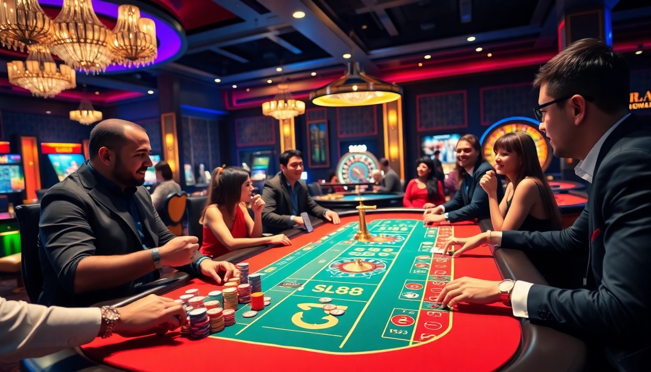 S88 casino table with vibrant chips and engaged players in a luxurious gaming environment.