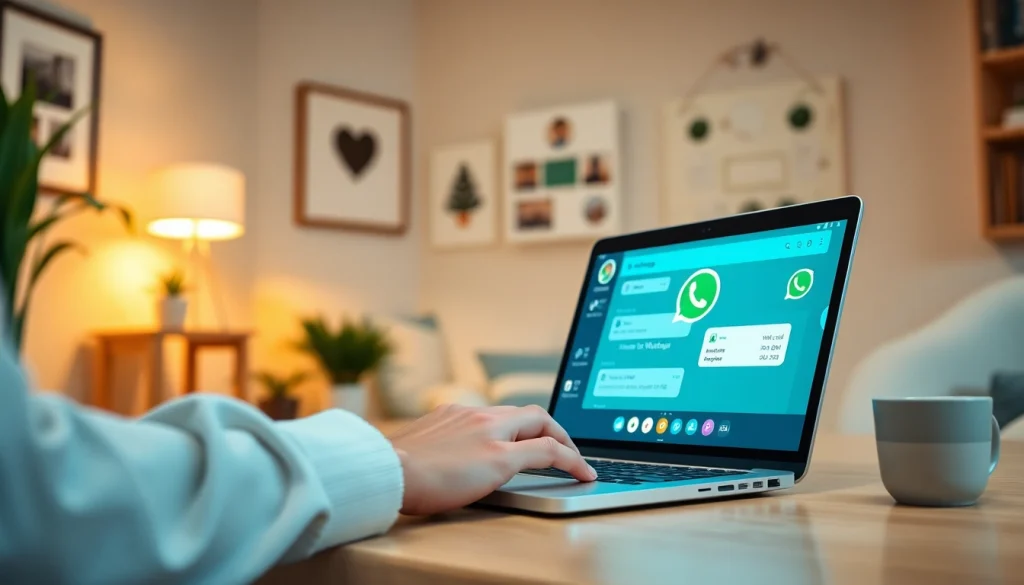 通过一个动态的笔记本电脑界面体验 WhatsApp网页版，展示消息、语音通话和文件共享。