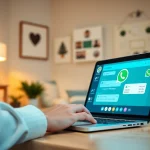 通过一个动态的笔记本电脑界面体验 WhatsApp网页版，展示消息、语音通话和文件共享。
