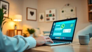 通过一个动态的笔记本电脑界面体验 WhatsApp网页版，展示消息、语音通话和文件共享。