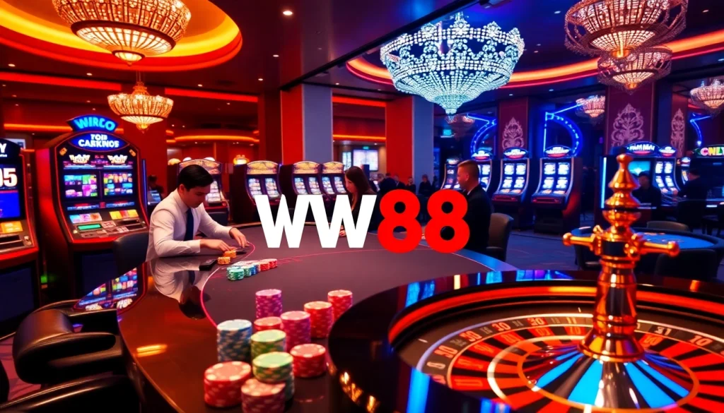 WW88 players engaging in exciting online casino games with vibrant chips and illuminated roulette.
