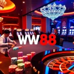 WW88 players engaging in exciting online casino games with vibrant chips and illuminated roulette.