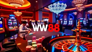 WW88 players engaging in exciting online casino games with vibrant chips and illuminated roulette.